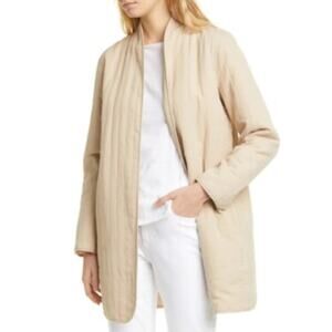 Eileen Fisher Quilted Long Jacket Coat Linen Tencel Organic Cotton Beige M